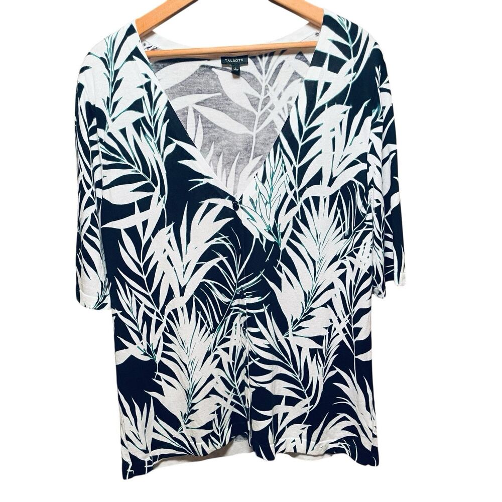 Womans cardigan sweater black white green palm leaf button up by Talbots Beach